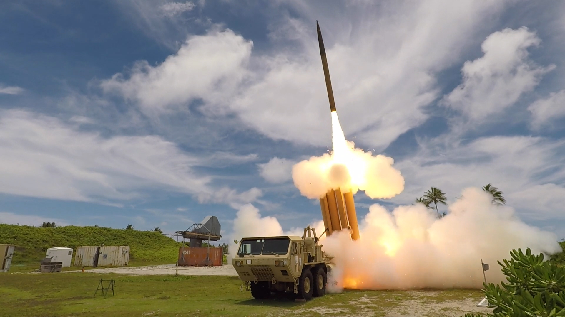 THAAD interceptor launching from a mobile launcher during missile-defense testing at Kwajalein Atoll